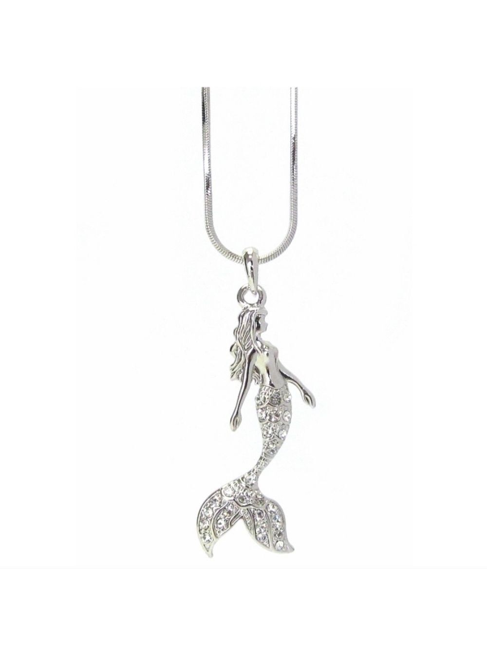 White Gold Plated Snake Chain Crystal Mermaid Pendant Necklace